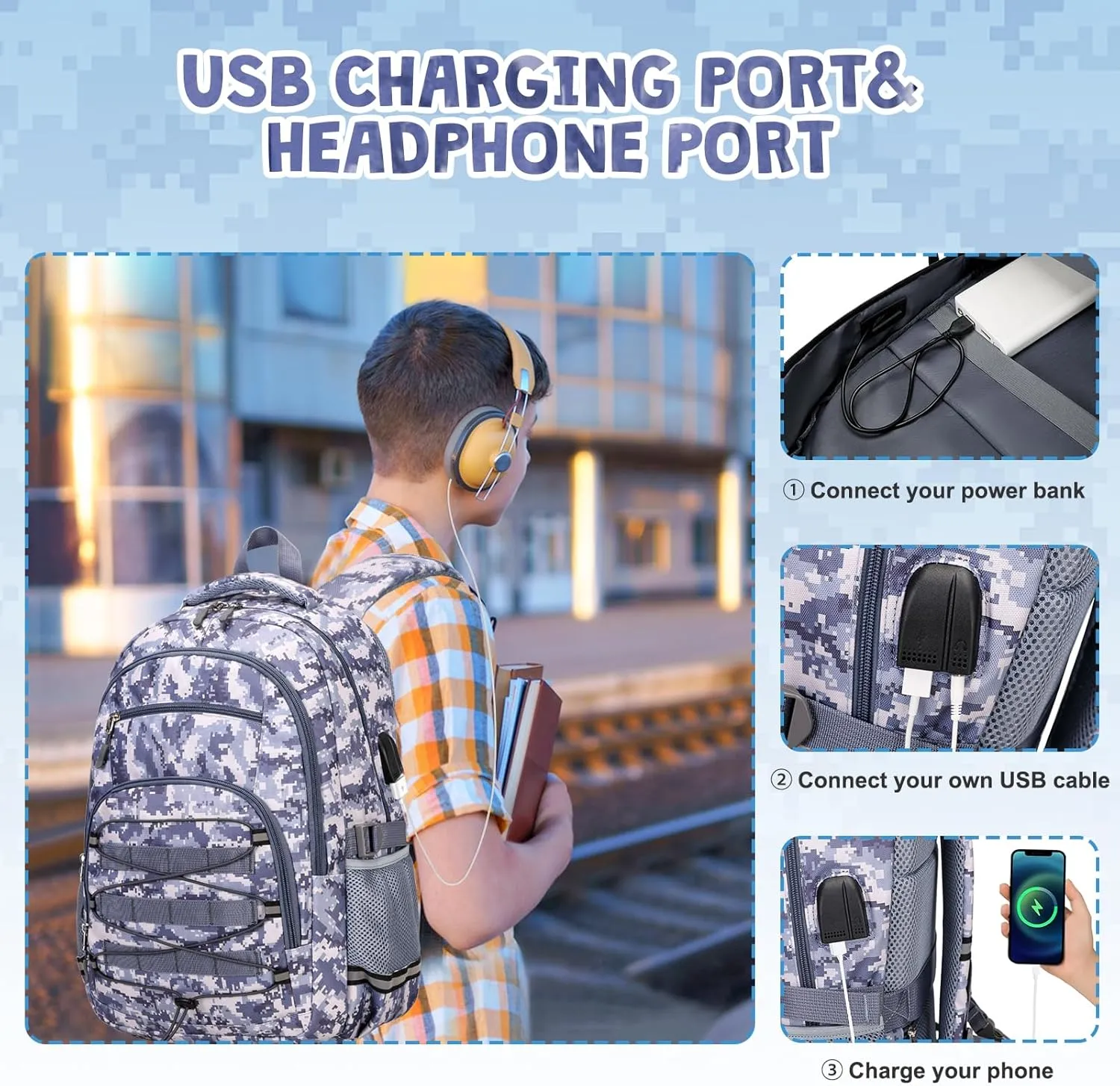 Camo Backpack for Boys, Tactical Kids Backpack Boys, School Bags for Boy Children Teens Kids Elementary Middle High School, Military Bookbag and Lunch Bag Pencil Case Set with USB Charging Port
