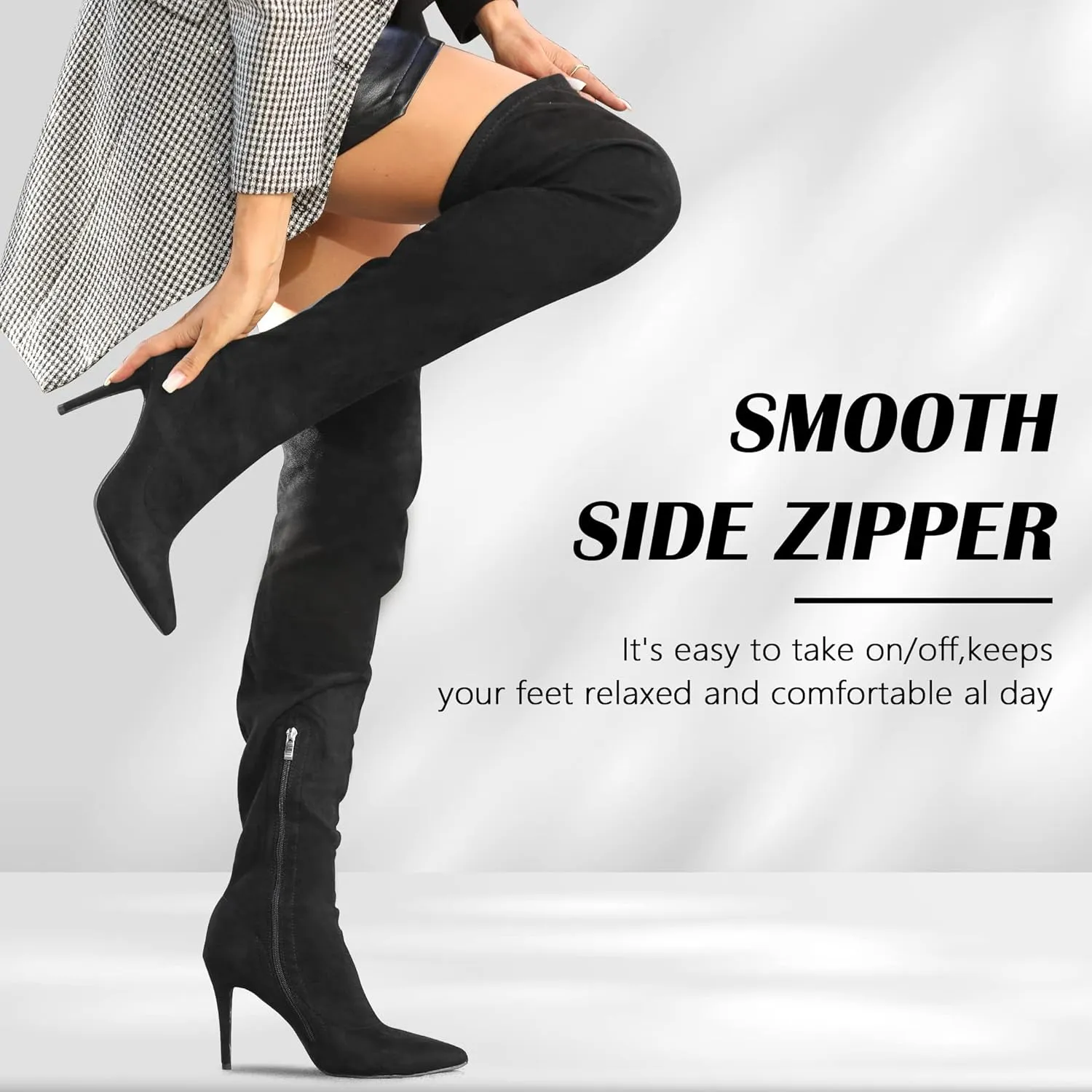 CAMSSOO Women's Thigh High Boots Faux Suede Elasticity Heels Over The Knee Boots Side Zip Pointed Toe Fashion Sexy Winter Stiletto Knee High Boots