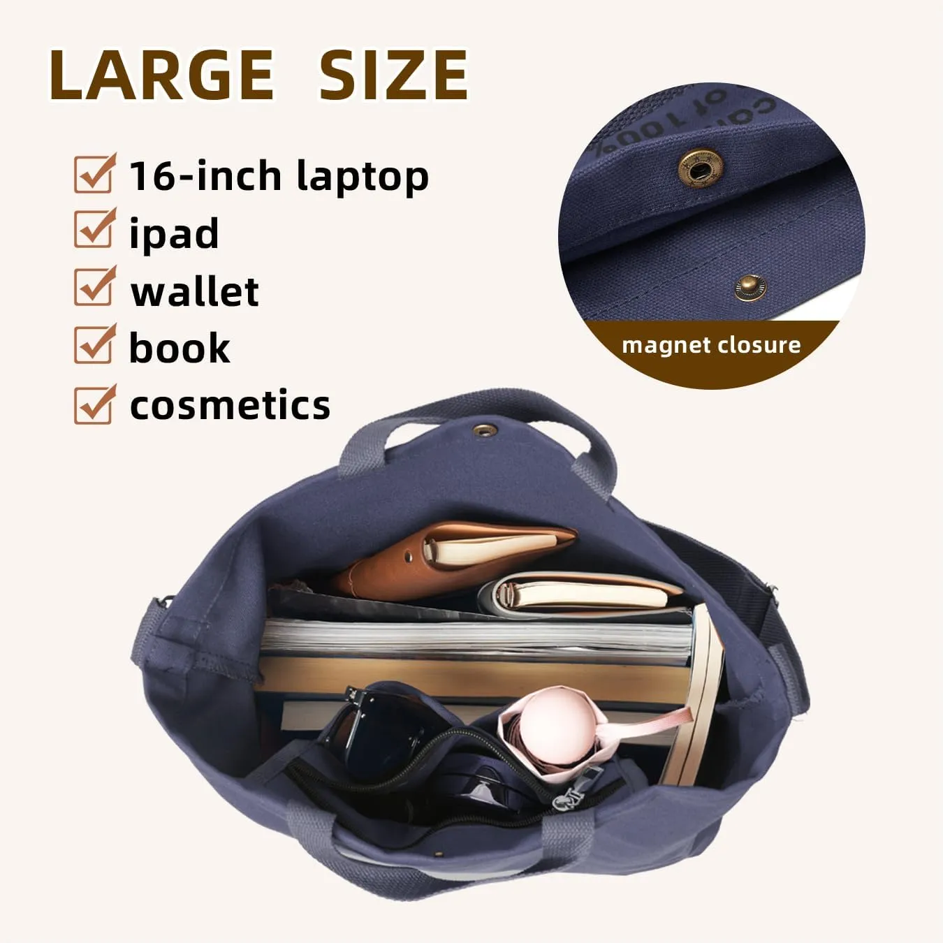 Canvas Tote Bag For Women inside out bag Crossbody Handbag with Adjustable Strap and Coin Purse for Work,Travel,Grocery