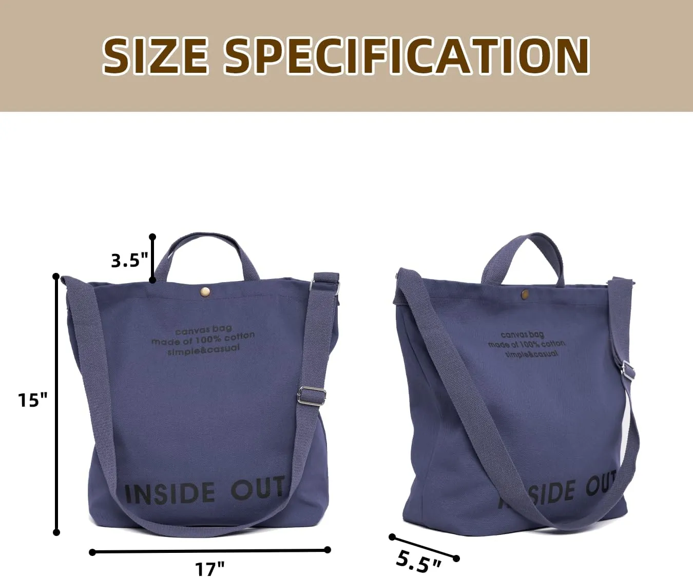 Canvas Tote Bag For Women inside out bag Crossbody Handbag with Adjustable Strap and Coin Purse for Work,Travel,Grocery