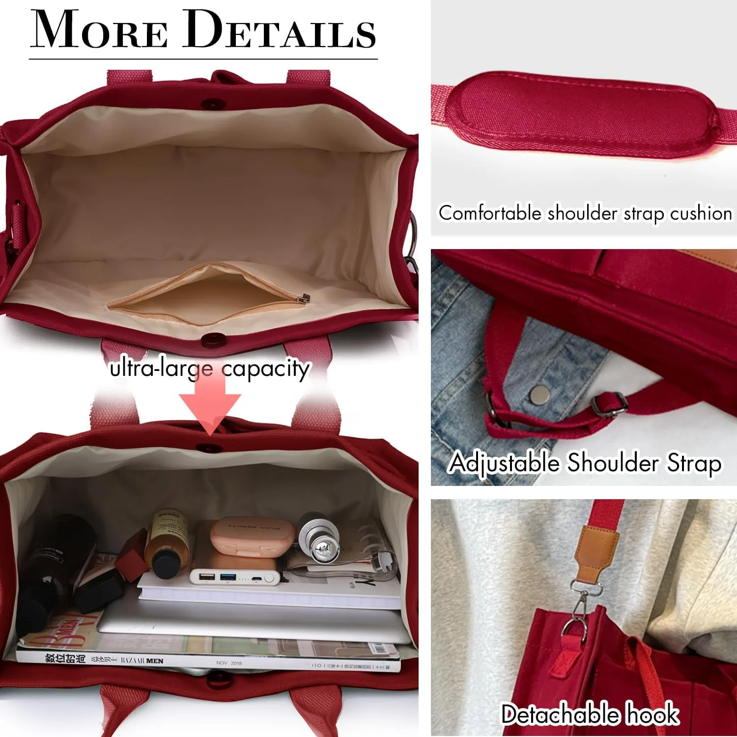 Canvas Tote Bag for Women,Large Totes Bags with Pockets,Womens Crossbody Purse Handbags for Travel Work Gift,2 Sizes