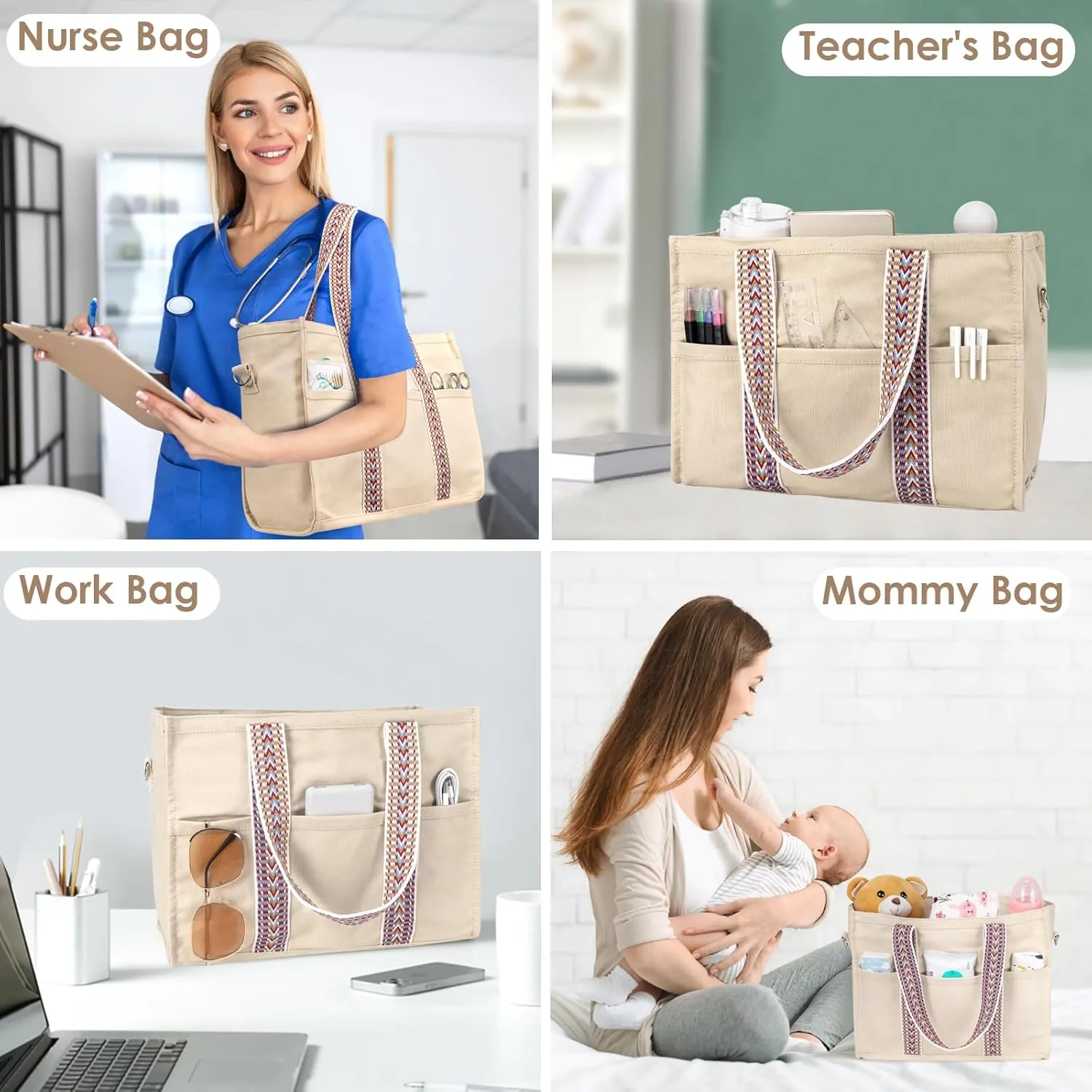 Canvas Tote Bag Set with Purse Bag Organizer Insert, Travel Tote Handbag Shoulder Bag with Zipper Crossbody Purse for Women