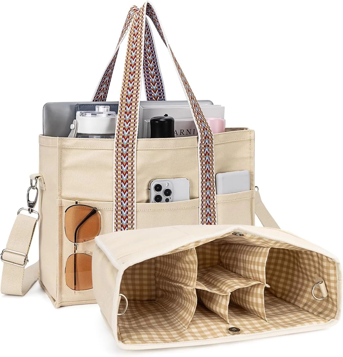 Canvas Tote Bag Set with Purse Bag Organizer Insert, Travel Tote Handbag Shoulder Bag with Zipper Crossbody Purse for Women