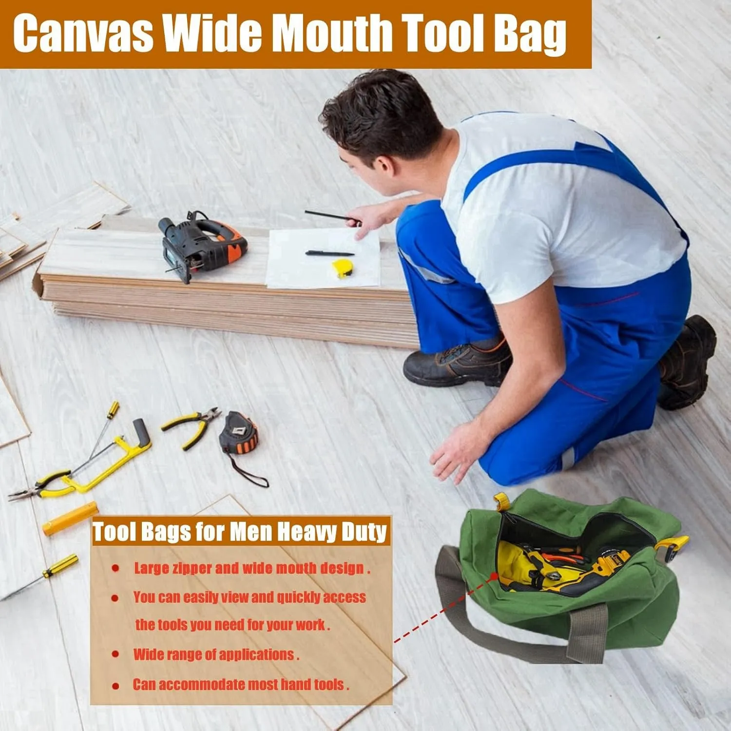 Canvas Wide Mouth Tool Bag, Large Capacity Tool Bags for Men, Portable Home Tool Organizer for Storage Handbag for Screwdrivers, Wrench, Plier, Nails, Pliers Repair Hand Tools (20 Inch)