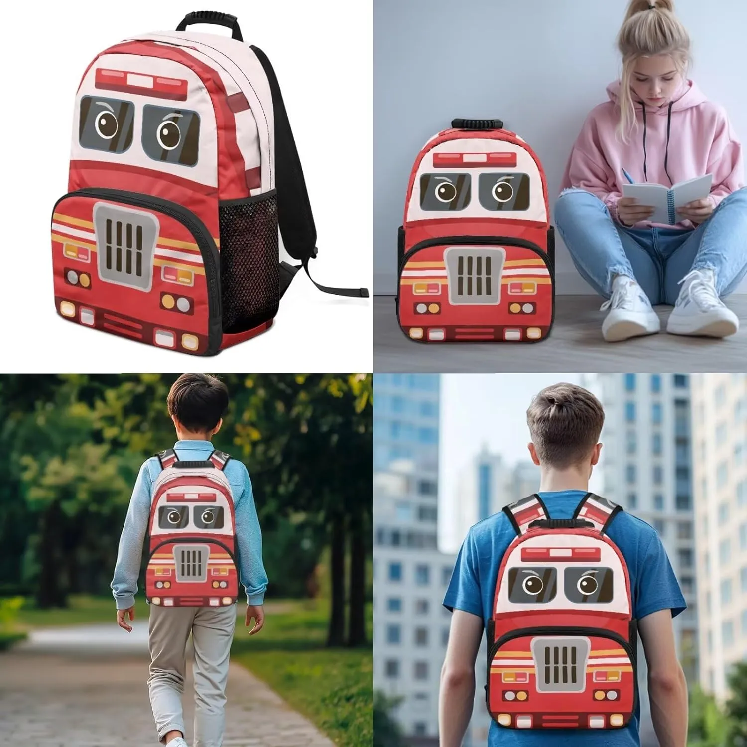 Cartoon Ambulance Backpack School Bag and Lunch Bag Pencil Case 3 Pieces Set for Kids Toddler Girls Kindergarten Elementary School Bag Rucksack
