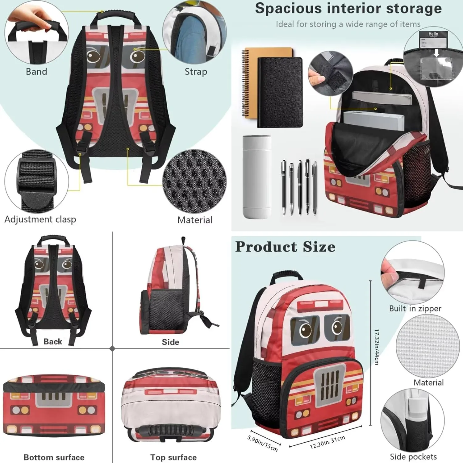 Cartoon Ambulance Backpack School Bag and Lunch Bag Pencil Case 3 Pieces Set for Kids Toddler Girls Kindergarten Elementary School Bag Rucksack