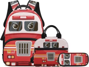 Cartoon Ambulance Backpack School Bag and Lunch Bag Pencil Case 3 Pieces Set for Kids Toddler Girls Kindergarten Elementary School Bag Rucksack