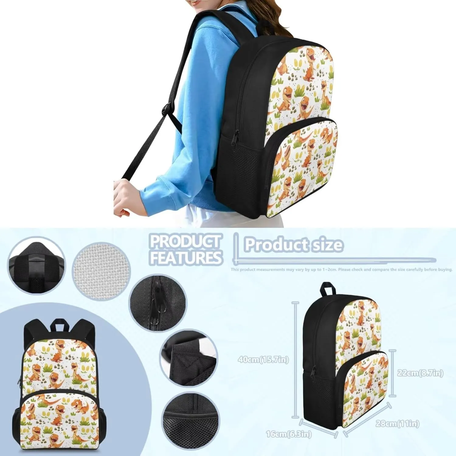Cartoon Dinosaur Backpack Lunchbox for Boys 8-14Y Small Tote Bag for School Kids Big Waterproof Insulated Lunch Bag with Ice Pack for Secondary School High School