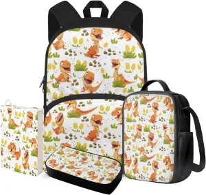 Cartoon Dinosaur Backpack Lunchbox for Boys 8-14Y Small Tote Bag for School Kids Big Waterproof Insulated Lunch Bag with Ice Pack for Secondary School High School