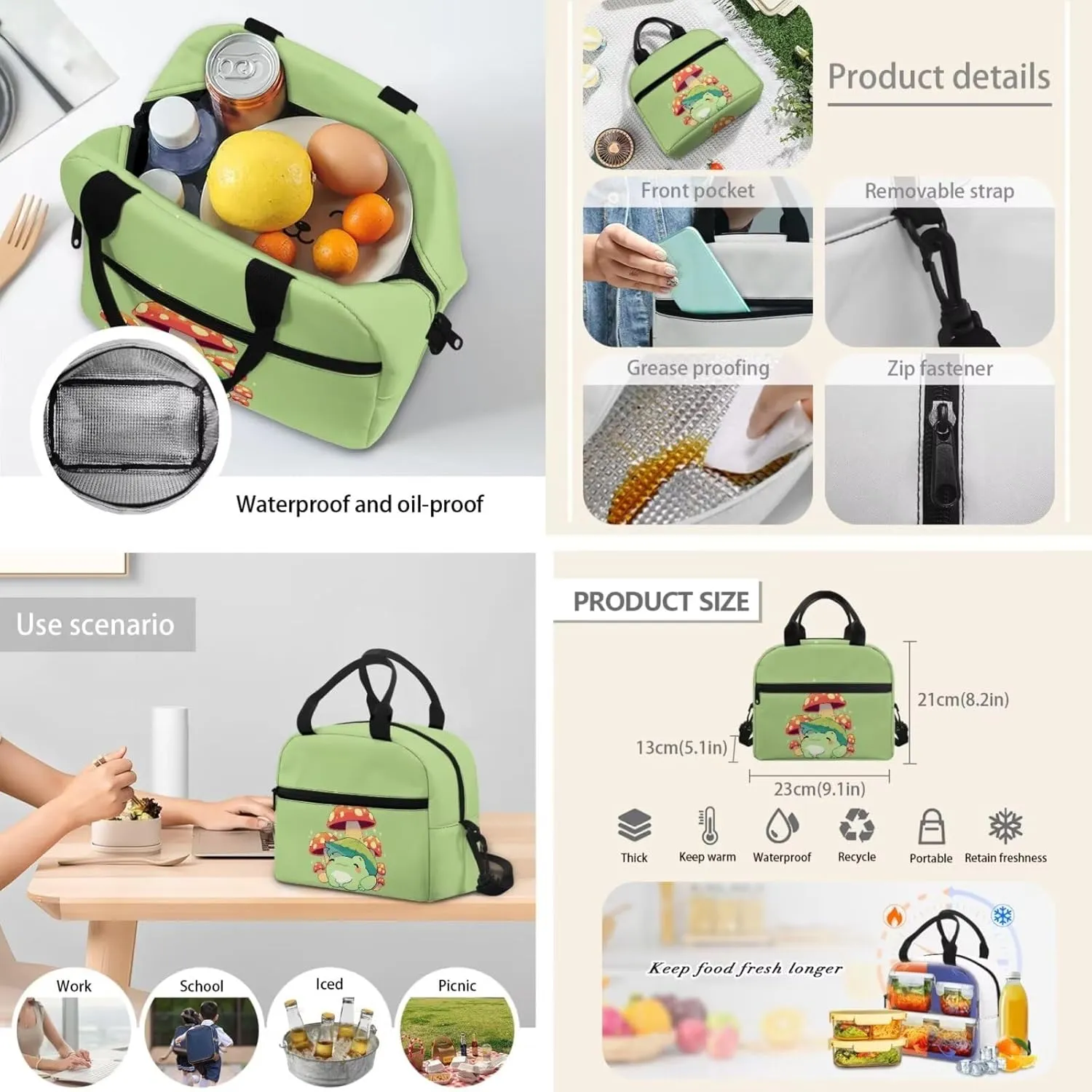 Cartoon Frog Mushroom Backpack Set for Kids Girls Portable Daypack Rucksack School Bookbag with Lunch Bag Handbag Shoulder Bag and Pencil Case Travel Daypack
