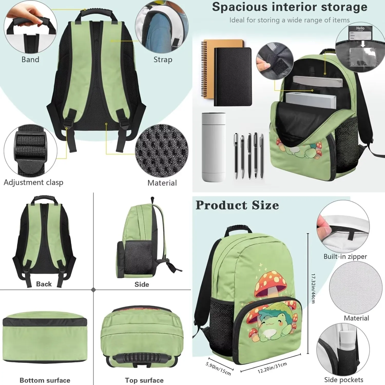 Cartoon Frog Mushroom Backpack Set for Kids Girls Portable Daypack Rucksack School Bookbag with Lunch Bag Handbag Shoulder Bag and Pencil Case Travel Daypack