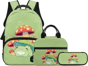 Cartoon Frog Mushroom Backpack Set for Kids Girls Portable Daypack Rucksack School Bookbag with Lunch Bag Handbag Shoulder Bag and Pencil Case Travel Daypack