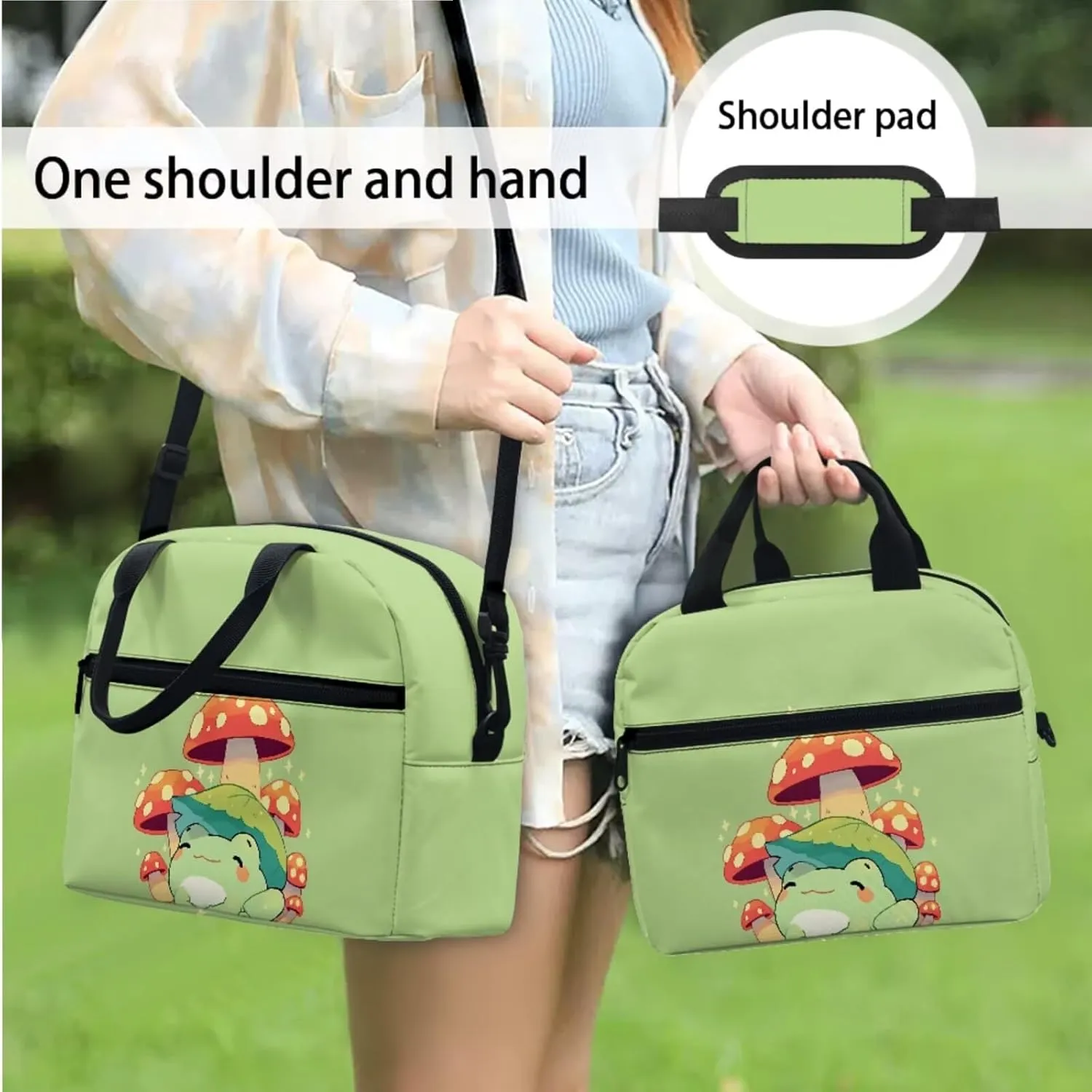 Cartoon Frog Mushroom Backpack Set for Kids Girls Portable Daypack Rucksack School Bookbag with Lunch Bag Handbag Shoulder Bag and Pencil Case Travel Daypack