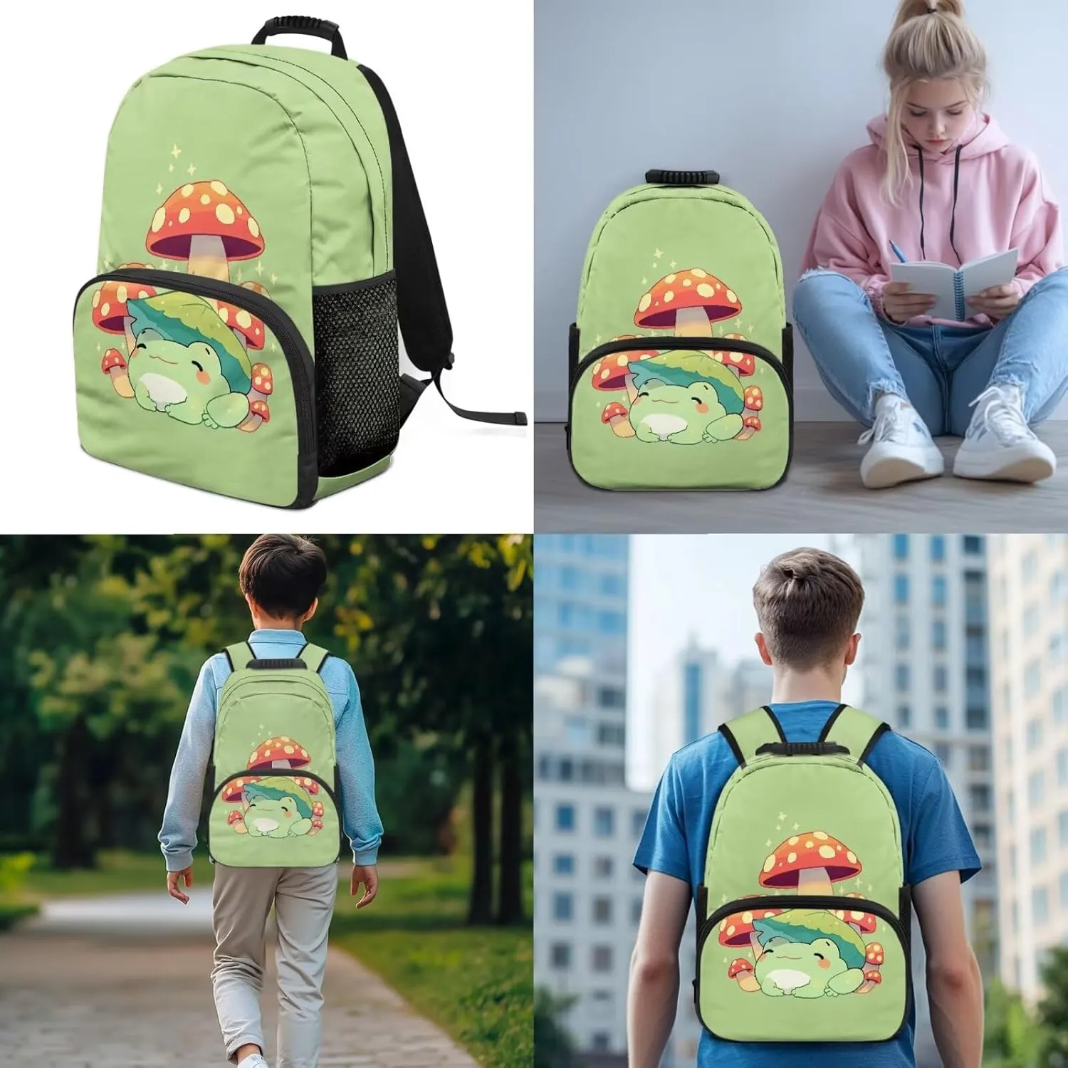 Cartoon Frog Mushroom Backpack Set for Kids Girls Portable Daypack Rucksack School Bookbag with Lunch Bag Handbag Shoulder Bag and Pencil Case Travel Daypack