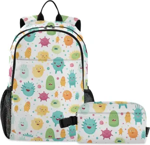 Cartoon Funny Bacterial Lightweight Backpack for Kids School Bookbag with Lunch Bag Set for School Outside Activities Travel