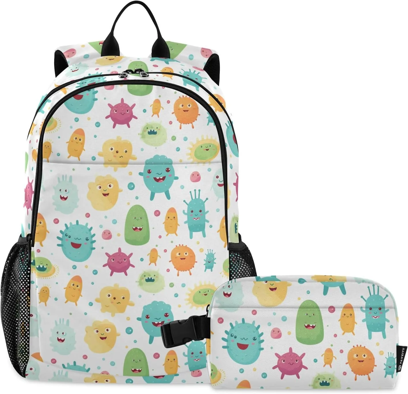 Cartoon Funny Bacterial Lightweight Backpack for Kids School Bookbag with Lunch Bag Set for School Outside Activities Travel