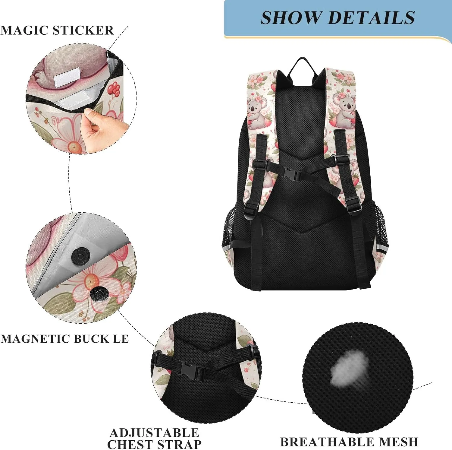 Cartoon Koala Strawberry Backpack for Boys Girls Students Bookbag School Daypack, A01E23034