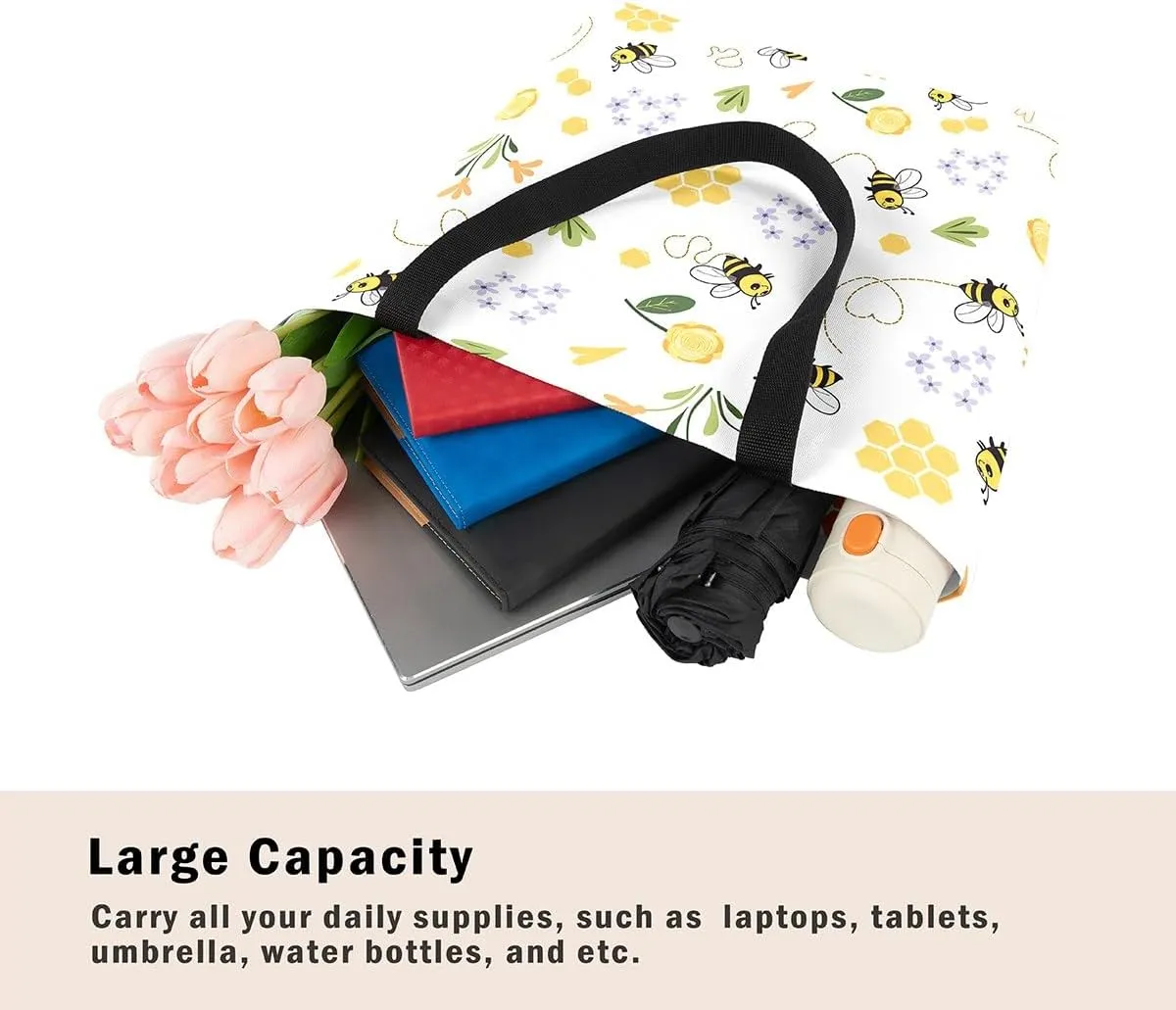 Cartoon Milk Cow Canvas Tote Bag Lovely Farm Animal Kawaii Beach Bag,Strawberry Flowers Handbag for Women