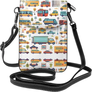 Cartoon Traffic Car Patterns Small Crossbody Bags for Women Travel Cell Phone Pouch PU Leather Cross Body Bag Adjustable Shoulder Strap Phone Purses Lightweight Wallet Purse with Credit Card Slots