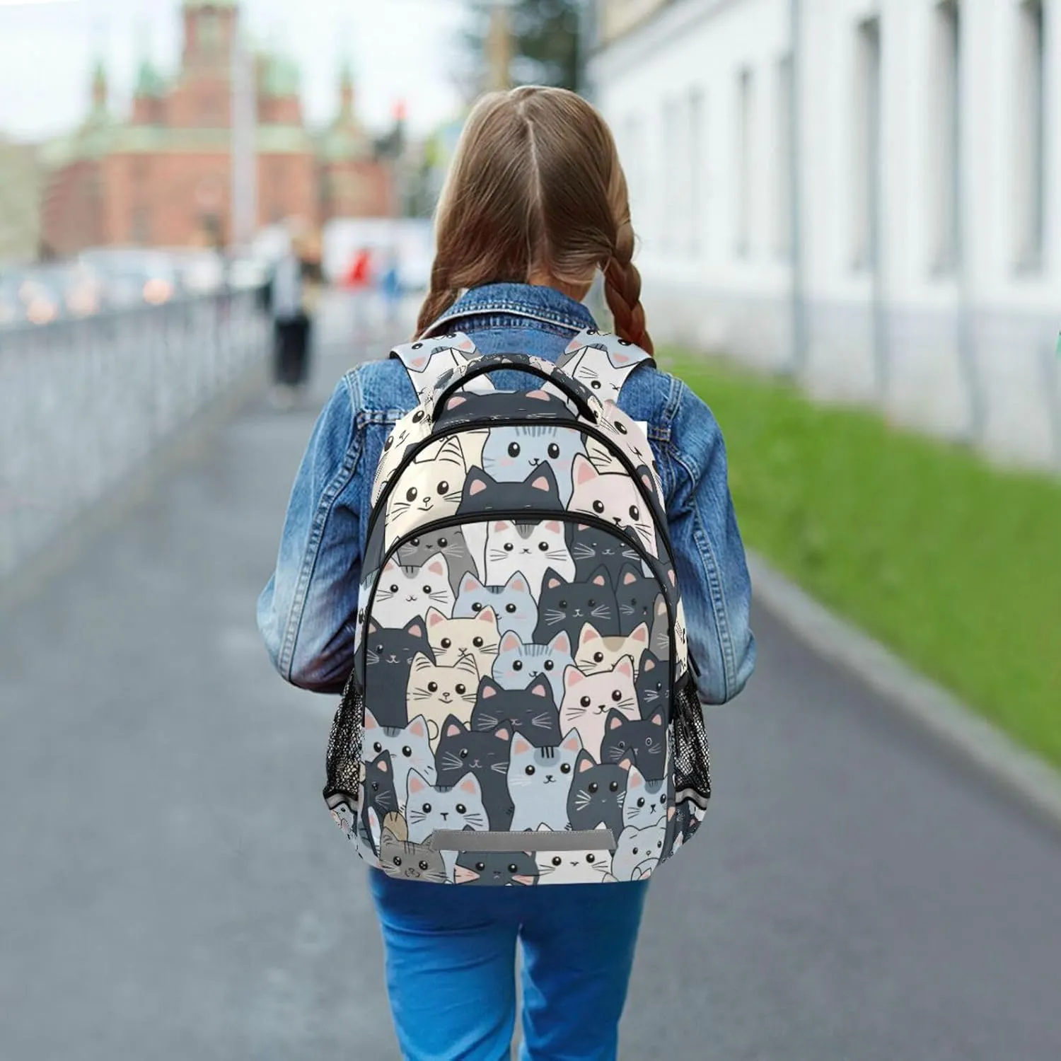 Cat Backpack for Students Boys Girls Gray Cartoon Cats School Bag Travel Daypack Rucksack