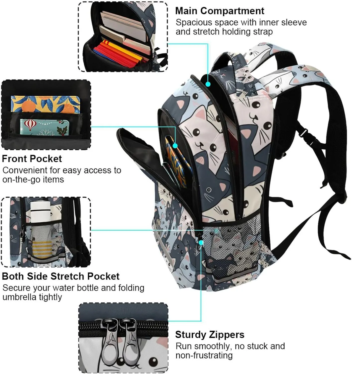 Cat Backpack for Students Boys Girls Gray Cartoon Cats School Bag Travel Daypack Rucksack