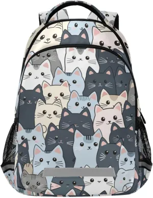Cat Backpack for Students Boys Girls Gray Cartoon Cats School Bag Travel Daypack Rucksack