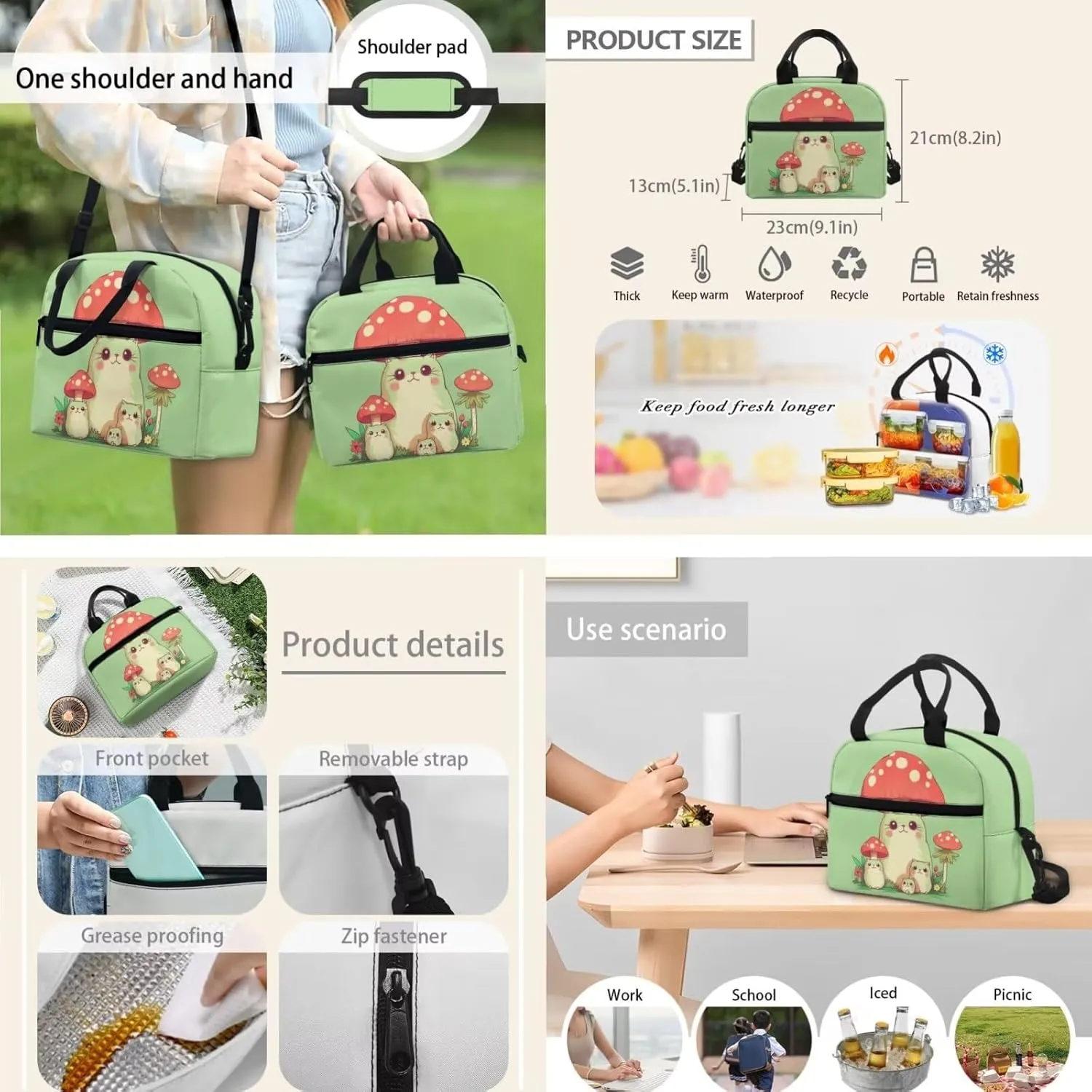 Cat Mushroom Backpack Backpack Purse for Girls 8-10 School Bookbag Set Pencil Case Cute Backpack with Lunch Box for Teen Girls Middle School, Green