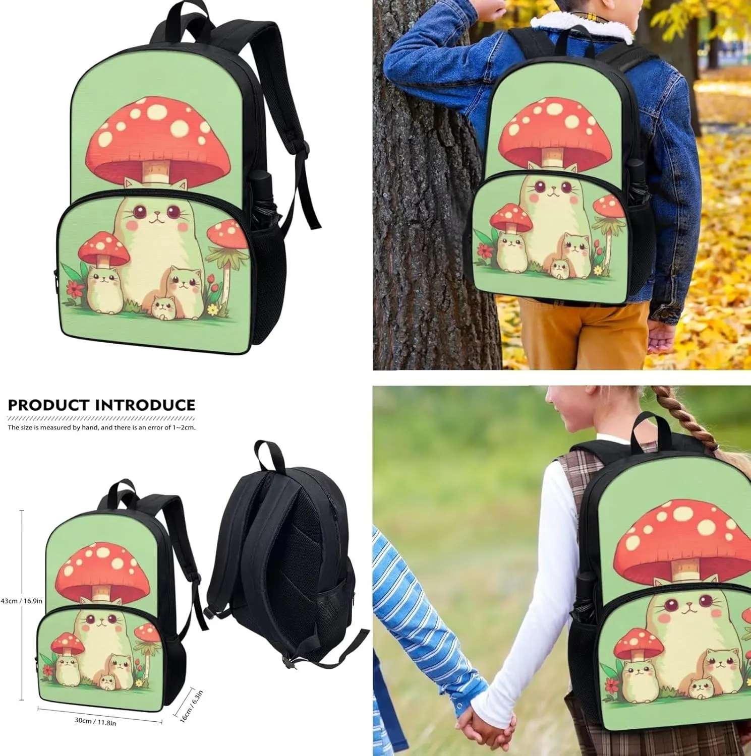 Cat Mushroom Backpack Backpack Purse for Girls 8-10 School Bookbag Set Pencil Case Cute Backpack with Lunch Box for Teen Girls Middle School, Green