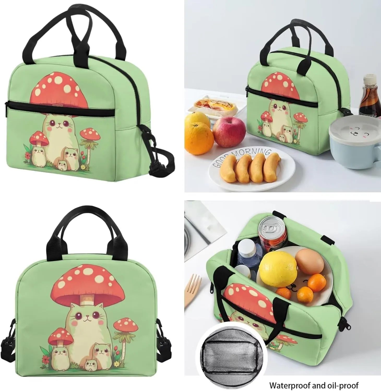 Cat Mushroom Backpack Backpack Purse for Girls 8-10 School Bookbag Set Pencil Case Cute Backpack with Lunch Box for Teen Girls Middle School, Green