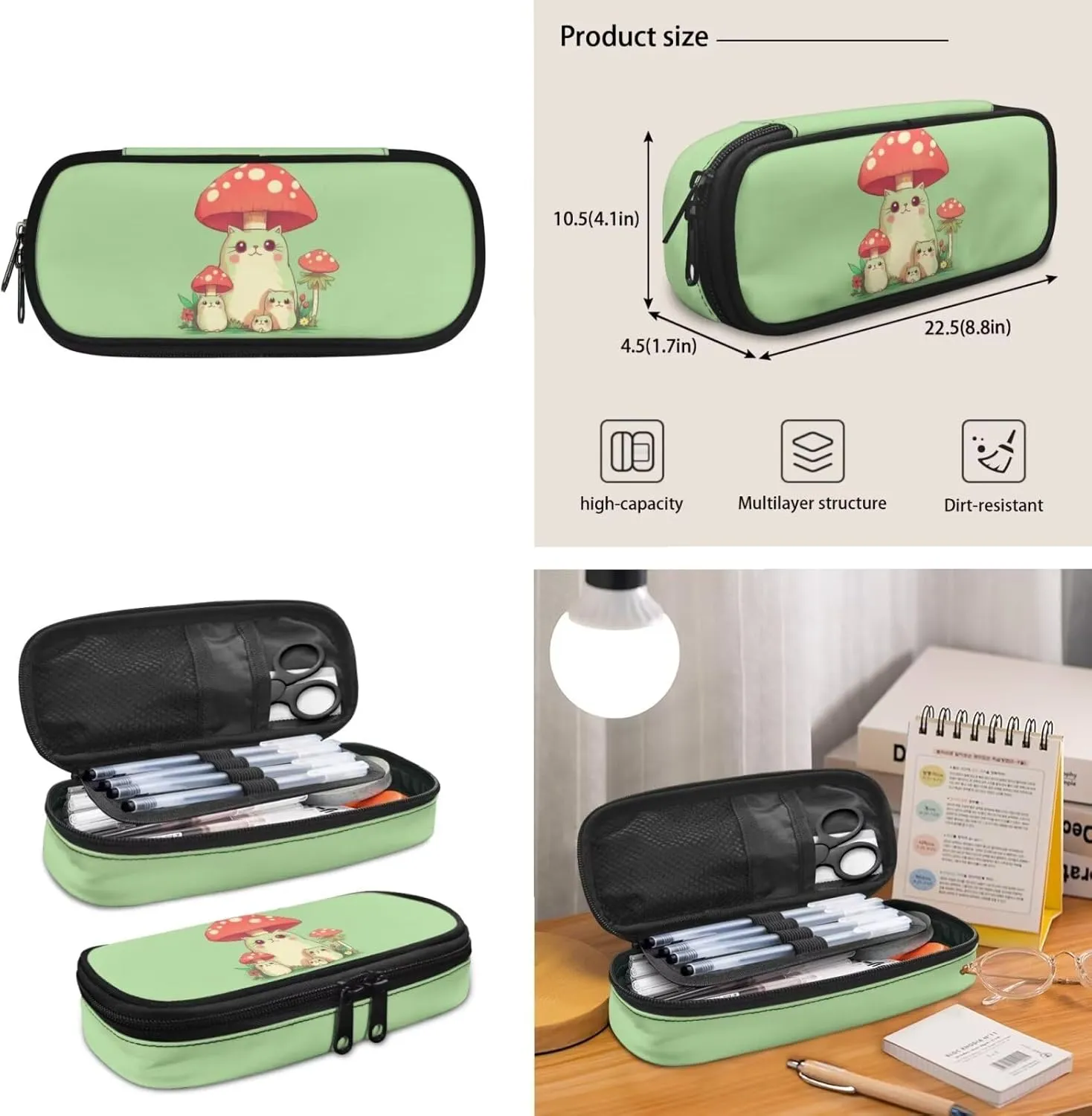 Cat Mushroom Backpack Backpack Purse for Girls 8-10 School Bookbag Set Pencil Case Cute Backpack with Lunch Box for Teen Girls Middle School, Green