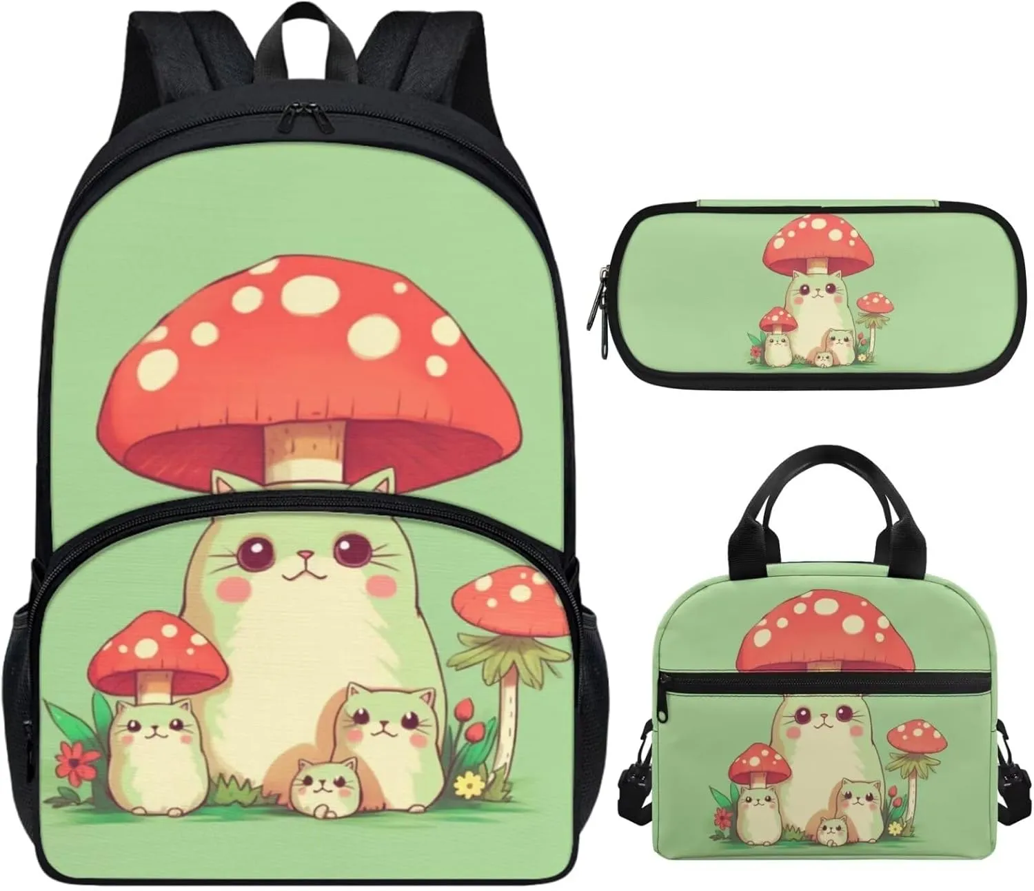 Cat Mushroom Backpack Backpack Purse for Girls 8-10 School Bookbag Set Pencil Case Cute Backpack with Lunch Box for Teen Girls Middle School, Green