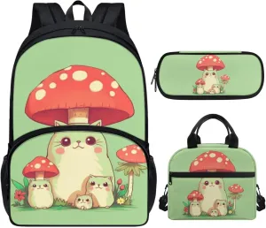 Cat Mushroom Backpack Backpack Purse for Girls 8-10 School Bookbag Set Pencil Case Cute Backpack with Lunch Box for Teen Girls Middle School, Green