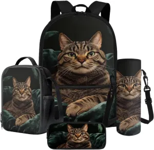 Cat Print 4 Pack Backpack Purse for Girls Boys Large Capacity School Bag with Lunch Box Pencil Case and Water Bottle Holder Kindergarten Rucksack Kids Daypack Travel Laotop Bags