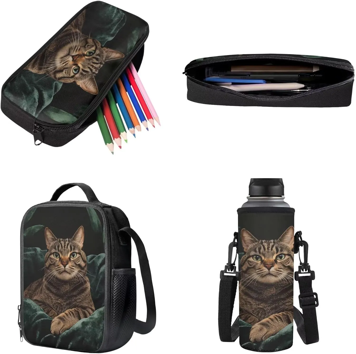 Cat Print 4 Pack Backpack Purse for Girls Boys Large Capacity School Bag with Lunch Box Pencil Case and Water Bottle Holder Kindergarten Rucksack Kids Daypack Travel Laotop Bags