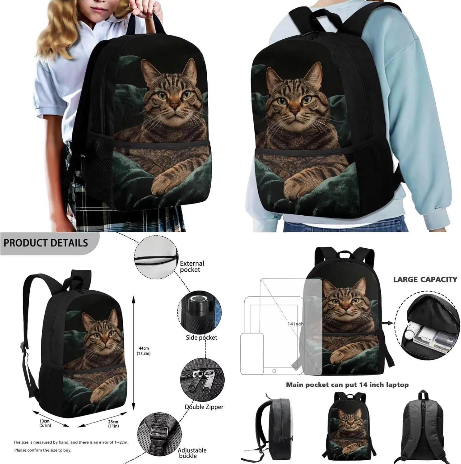 Cat Print 4 Pack Backpack Purse for Girls Boys Large Capacity School Bag with Lunch Box Pencil Case and Water Bottle Holder Kindergarten Rucksack Kids Daypack Travel Laotop Bags