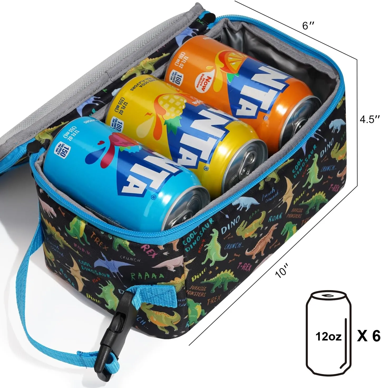 Cerbonny Small Lunch Box for Kids/Adult, Mini Cooler with Buckle Handle, Insulated Bag for Work/School Travel, Black Dinosaur