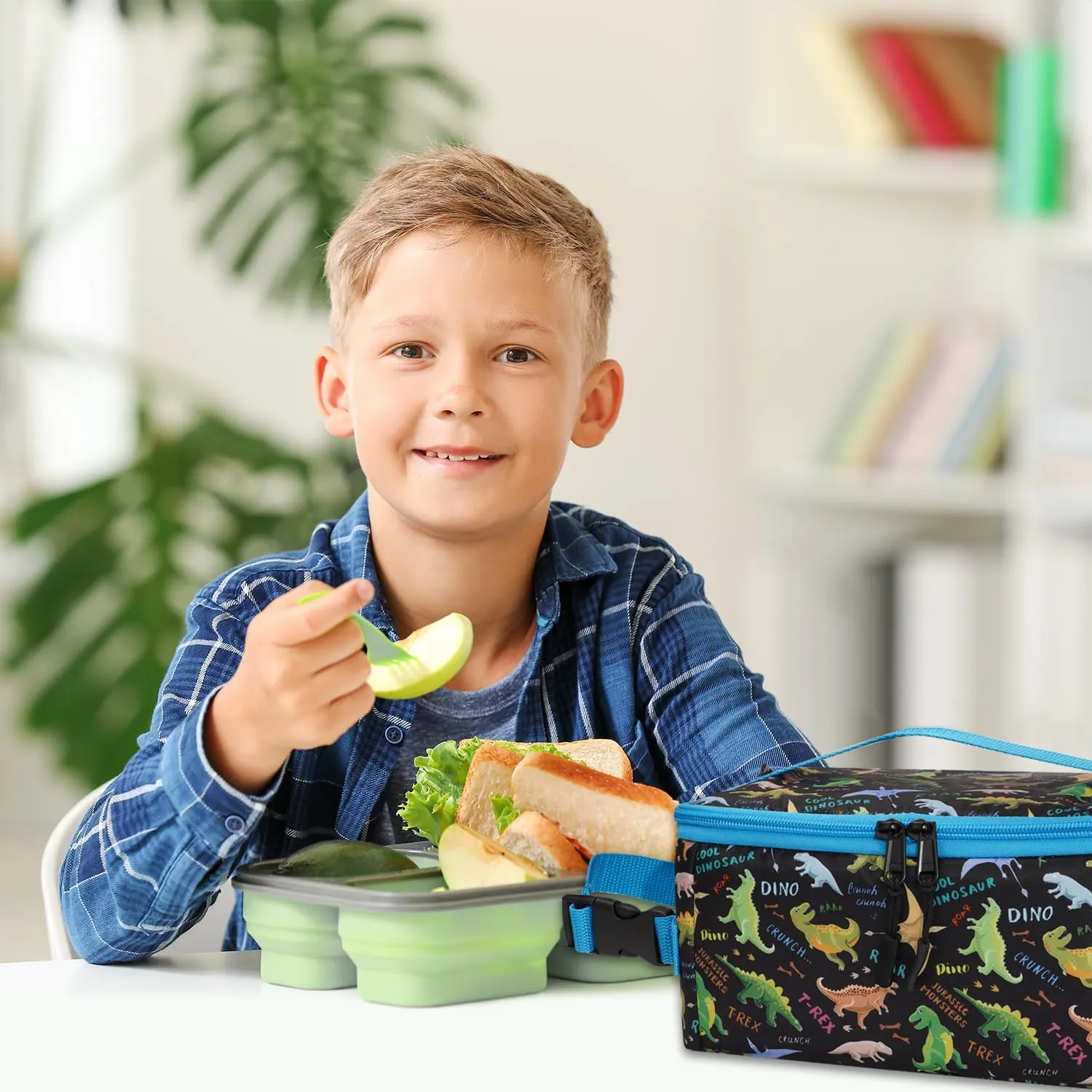 Cerbonny Small Lunch Box for Kids/Adult, Mini Cooler with Buckle Handle, Insulated Bag for Work/School Travel, Black Dinosaur