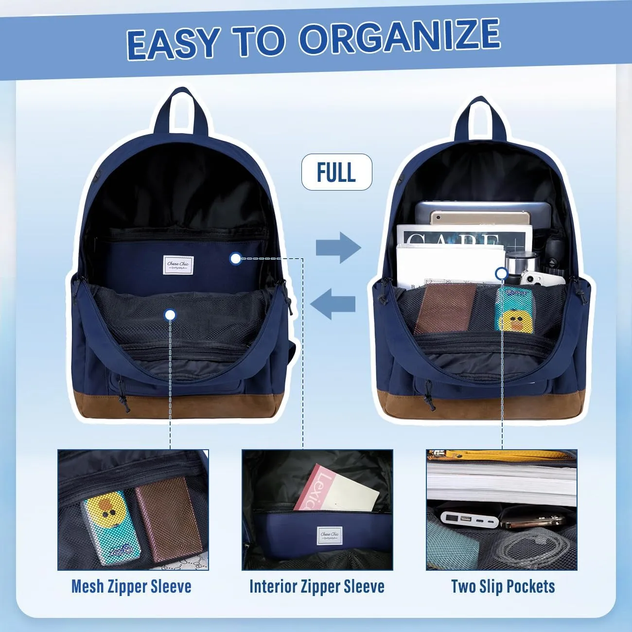 Chase Chic School Backpack for Men Women,Water Resistant Bookbag/Schoolbag/Daypack for Teen Boys Girls High School,College,Work,Travel Blue