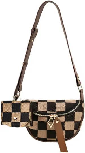 Checkered Crossbody Bag for Women Sling Shoulder purse Waist bag Plaid Pattern Fanny Pack with Headphone Bag (Brown Strap)