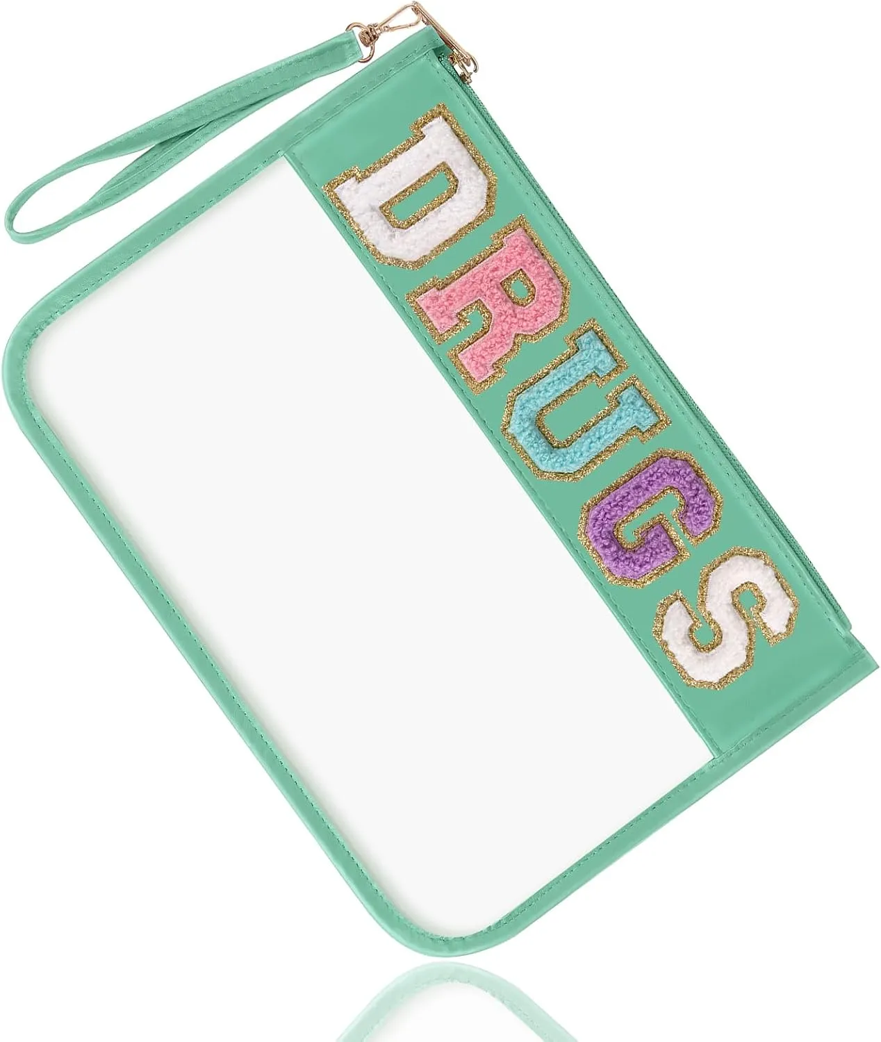 Chenille Letter Clear Bag DRUGS Purse, Monogram PVC & PU Meds Travel Bag Zipper Pouch with Wristlet, Waterproof Portable Glitter Preppy Cosmetic Pouch Toiletry Bag for Women Girls (DRUGS-Green)