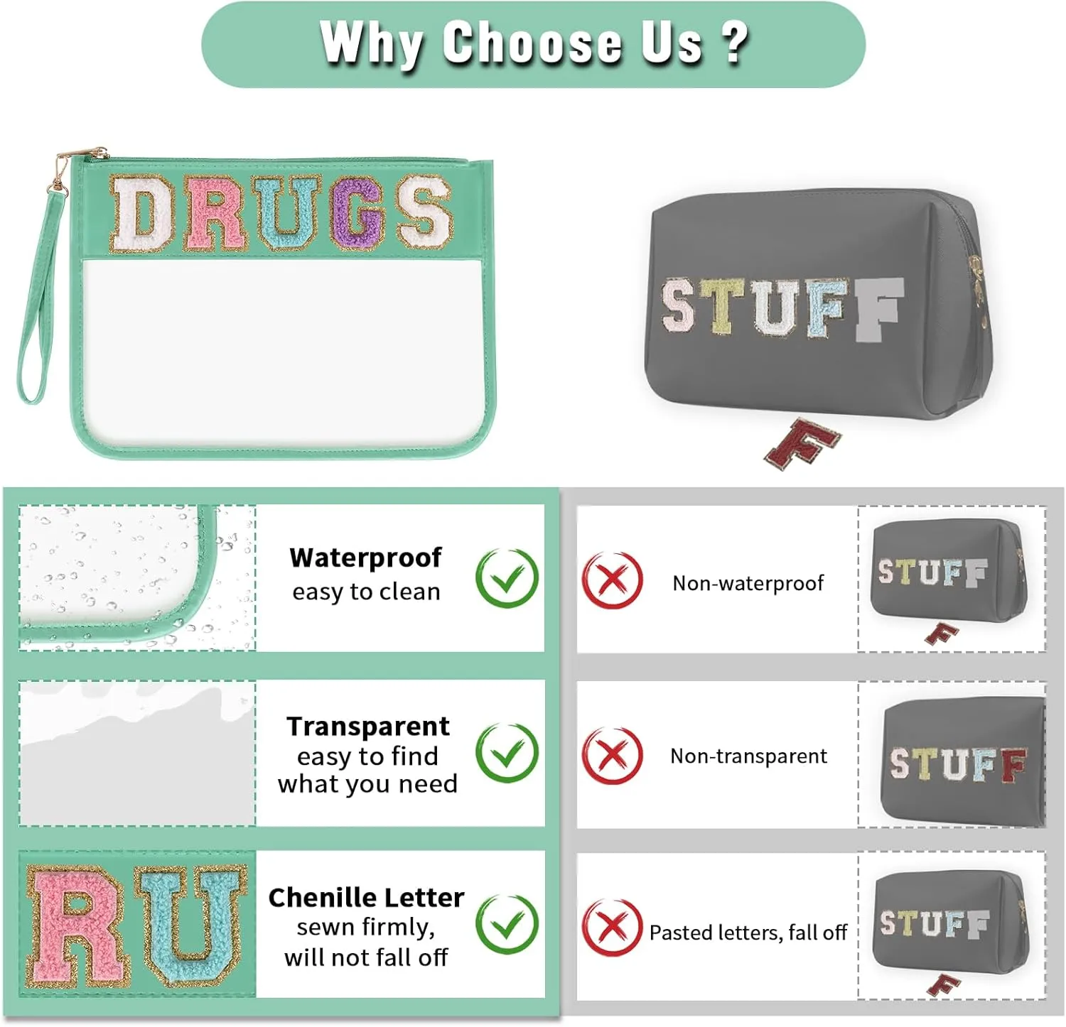 Chenille Letter Clear Bag DRUGS Purse, Monogram PVC & PU Meds Travel Bag Zipper Pouch with Wristlet, Waterproof Portable Glitter Preppy Cosmetic Pouch Toiletry Bag for Women Girls (DRUGS-Green)