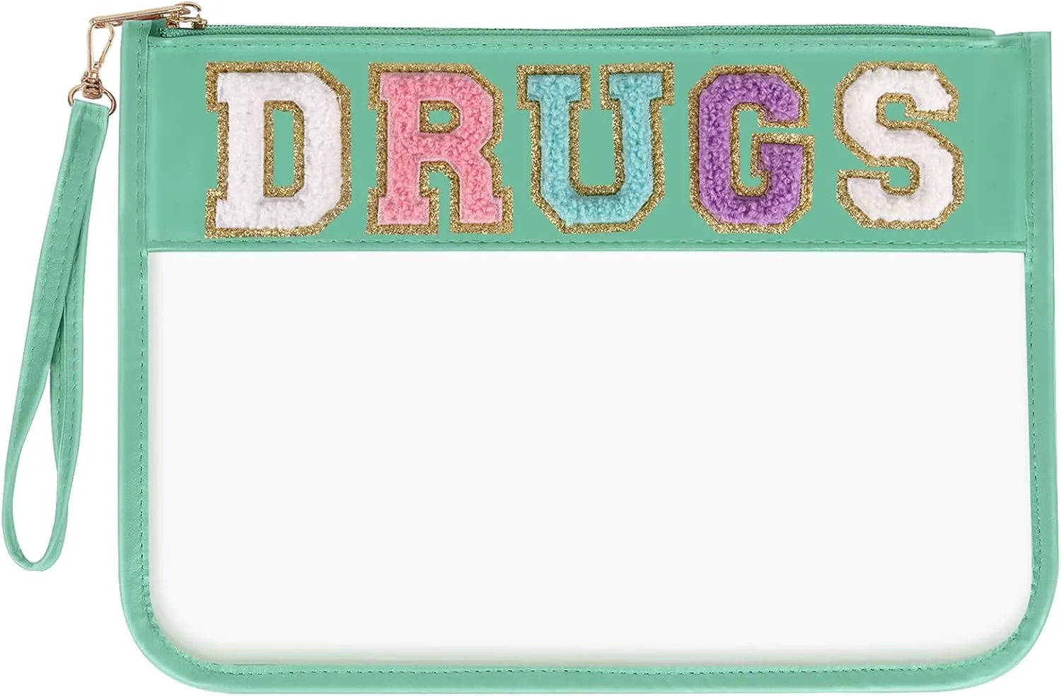 Chenille Letter Clear Bag DRUGS Purse, Monogram PVC & PU Meds Travel Bag Zipper Pouch with Wristlet, Waterproof Portable Glitter Preppy Cosmetic Pouch Toiletry Bag for Women Girls (DRUGS-Green)