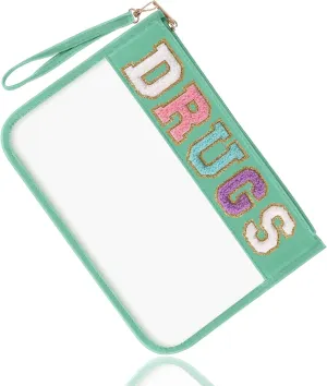 Chenille Letter Clear Bag DRUGS Purse, Monogram PVC & PU Meds Travel Bag Zipper Pouch with Wristlet, Waterproof Portable Glitter Preppy Cosmetic Pouch Toiletry Bag for Women Girls (DRUGS-Green)