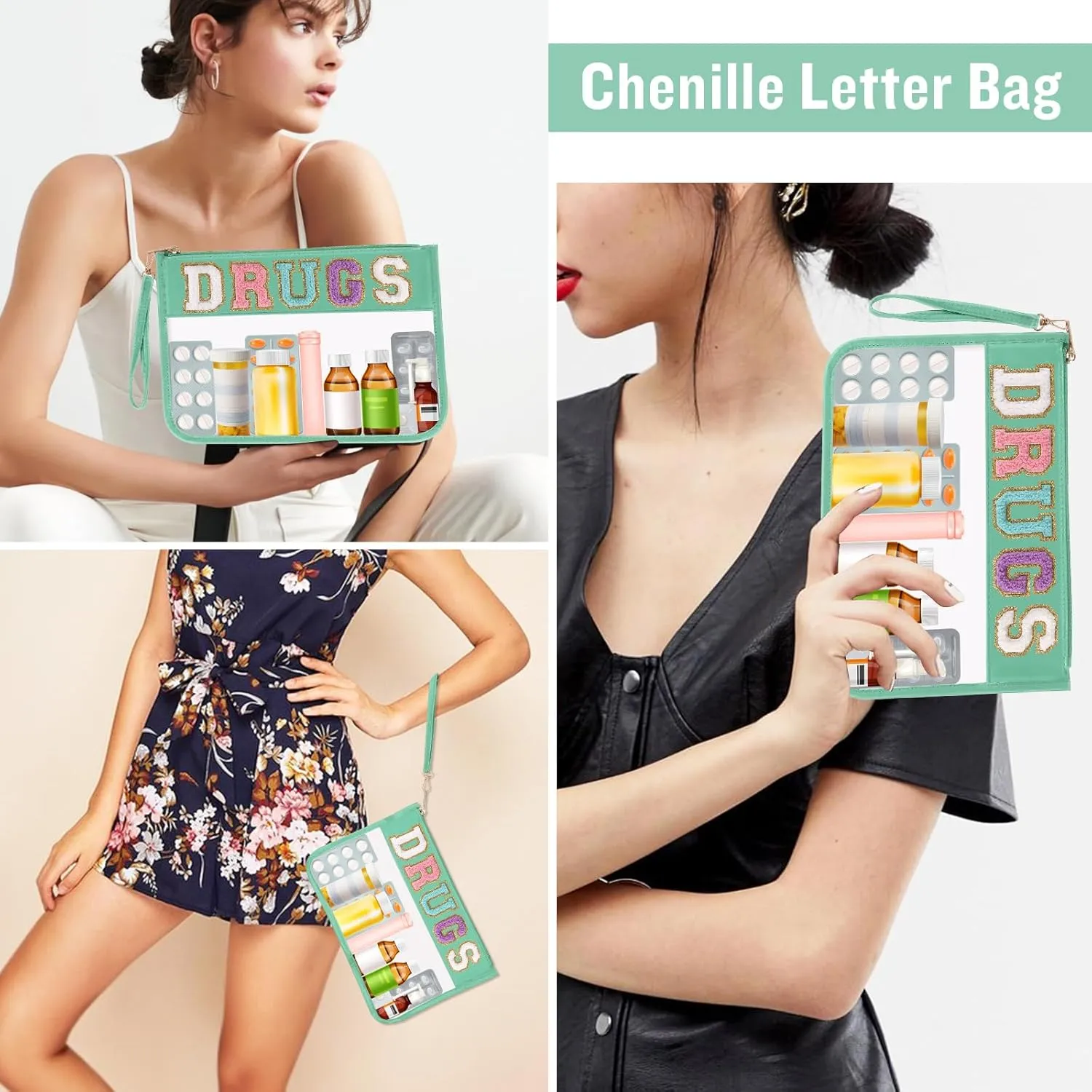 Chenille Letter Clear Bag DRUGS Purse, Monogram PVC & PU Meds Travel Bag Zipper Pouch with Wristlet, Waterproof Portable Glitter Preppy Cosmetic Pouch Toiletry Bag for Women Girls (DRUGS-Green)
