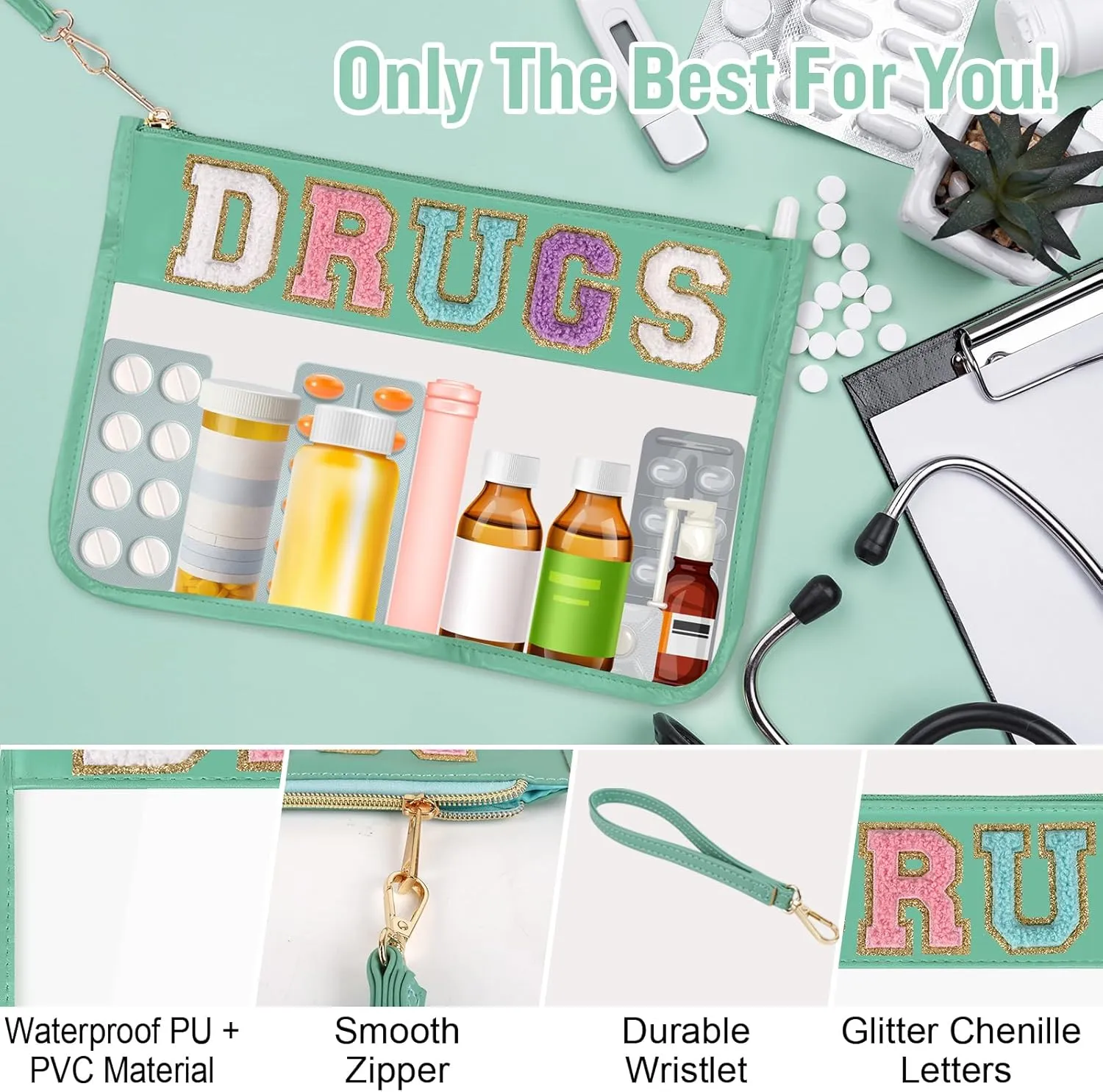 Chenille Letter Clear Bag DRUGS Purse, Monogram PVC & PU Meds Travel Bag Zipper Pouch with Wristlet, Waterproof Portable Glitter Preppy Cosmetic Pouch Toiletry Bag for Women Girls (DRUGS-Green)