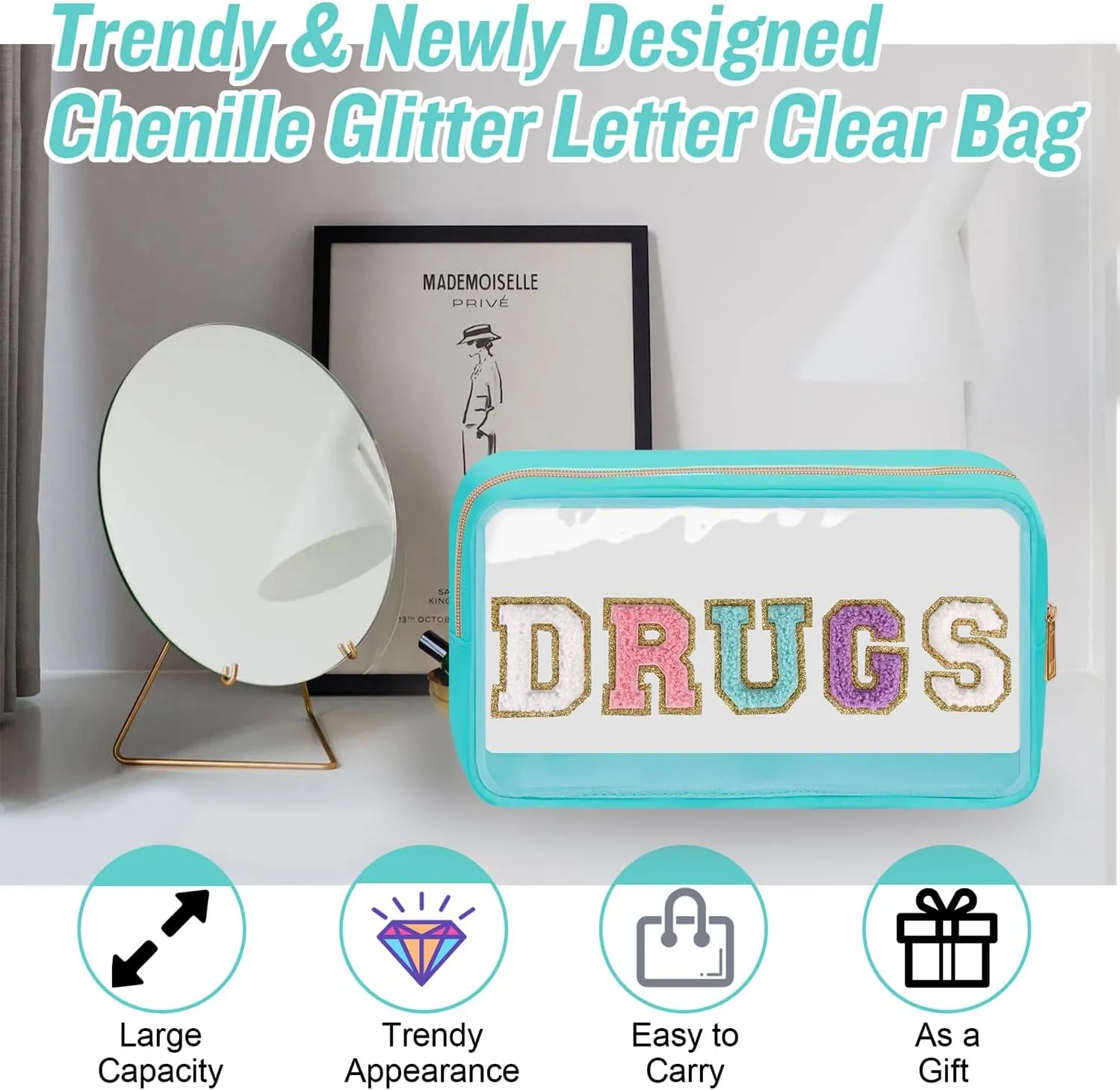 Chenille Letter Clear DRUGS Makeup Bag, Meds Travel Bag Small Preppy Makeup Pouch with Zipper, Transparent PVC & Nylon Waterproof Portable Glitter Cosmetic Toiletry Storage for Women Girl(DRUGS-Green)