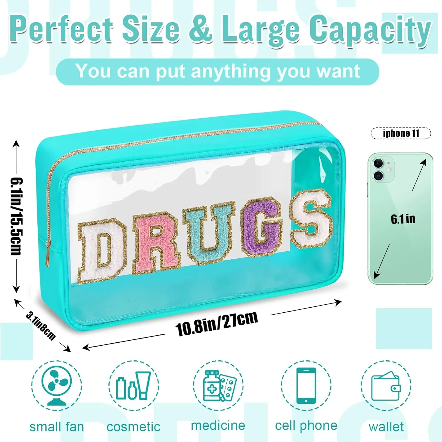 Chenille Letter Clear DRUGS Makeup Bag, Meds Travel Bag Small Preppy Makeup Pouch with Zipper, Transparent PVC & Nylon Waterproof Portable Glitter Cosmetic Toiletry Storage for Women Girl(DRUGS-Green)