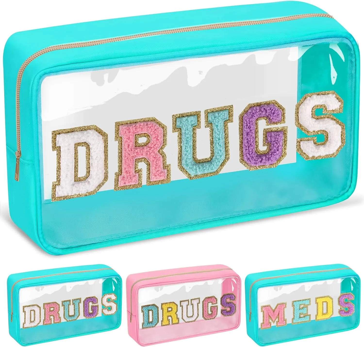 Chenille Letter Clear DRUGS Makeup Bag, Meds Travel Bag Small Preppy Makeup Pouch with Zipper, Transparent PVC & Nylon Waterproof Portable Glitter Cosmetic Toiletry Storage for Women Girl(DRUGS-Green)