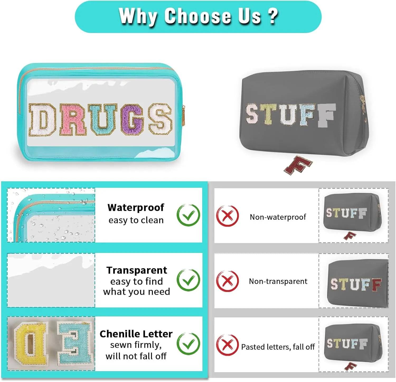 Chenille Letter Clear DRUGS Makeup Bag, Meds Travel Bag Small Preppy Makeup Pouch with Zipper, Transparent PVC & Nylon Waterproof Portable Glitter Cosmetic Toiletry Storage for Women Girl(DRUGS-Green)