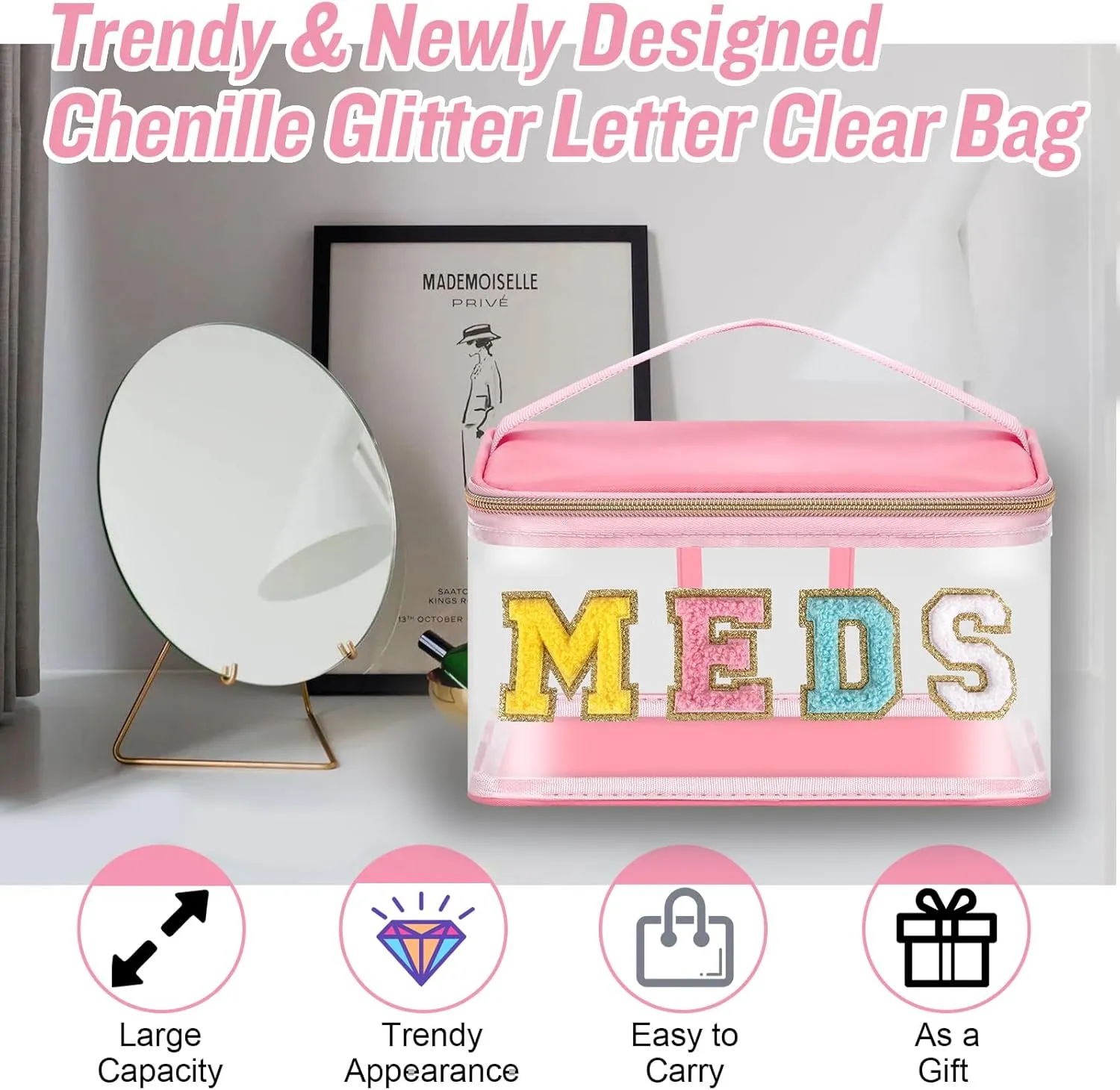Chenille Letter MEDS Makeup Pouch, Waterproof Portable Medicine Organizer for Travel, Preppy Small Zipper Pouch with Handle, Nylon Nurse Toiletry Bag (MEDS-Pink)